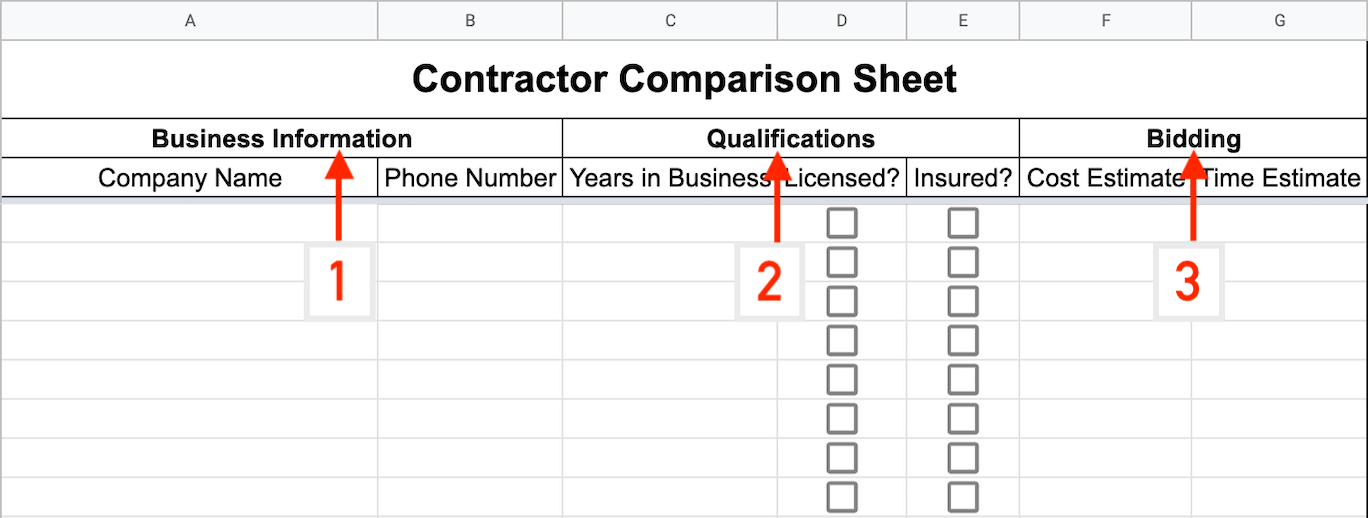 Contractor Comparison Sheet